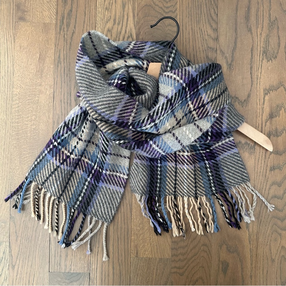 Fiori di Firenze Plaid Woven Wool Oblong Scarf in Grey, Purple, Blue 63" long